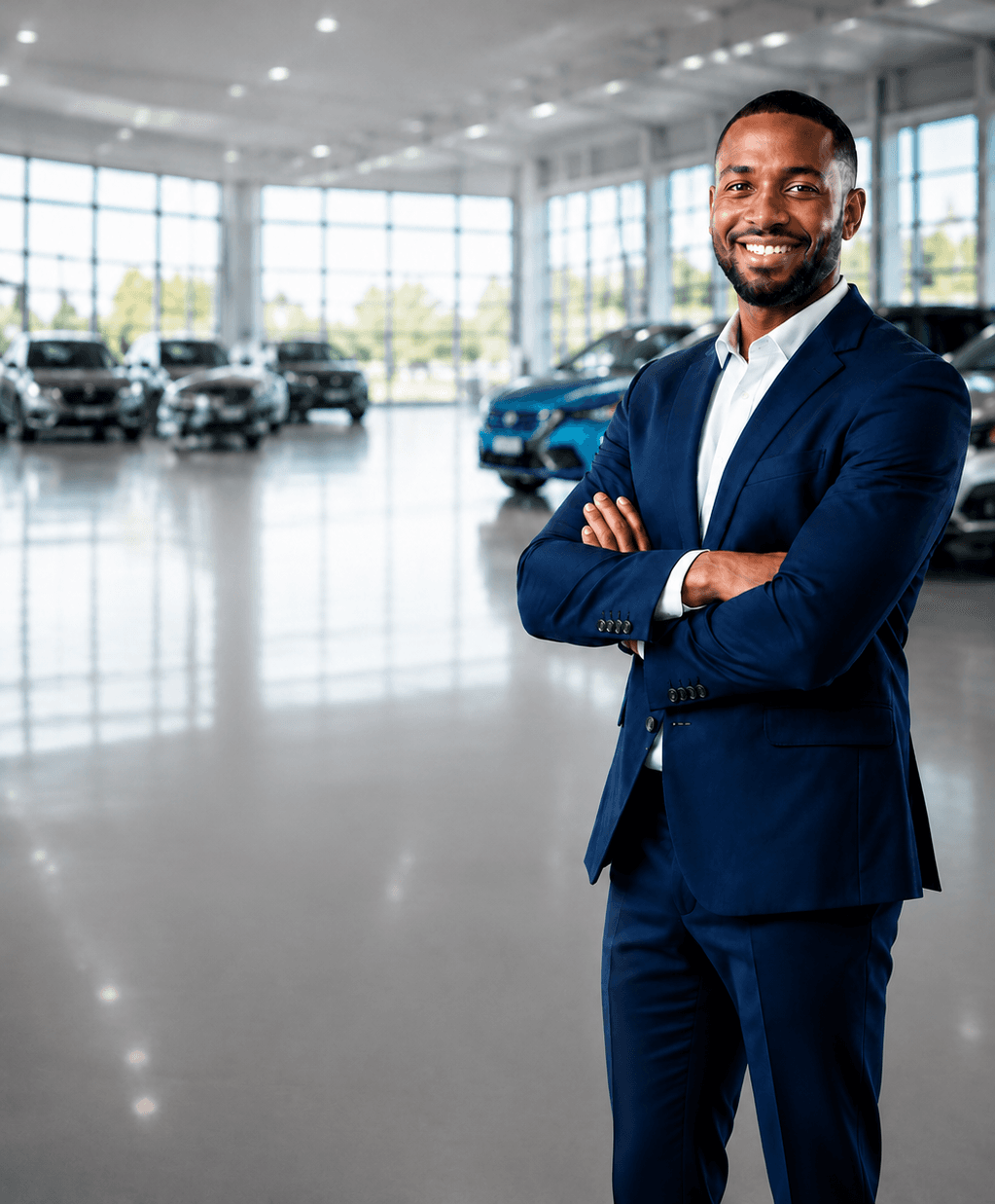 A sales professional standing confidently in a modern dealership showroom