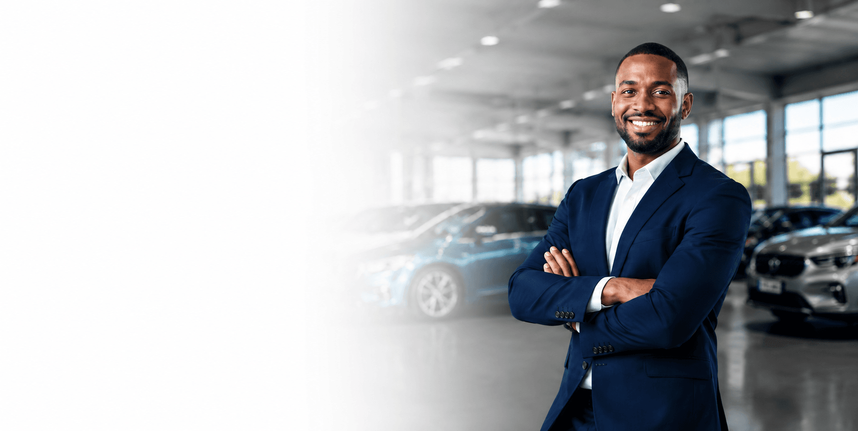 A sales professional standing confidently in a modern dealership showroom